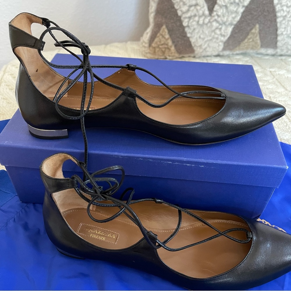 Aquazzura Christy Lace-Up Pointed-Toe Black Flats - Picture 3 of 14